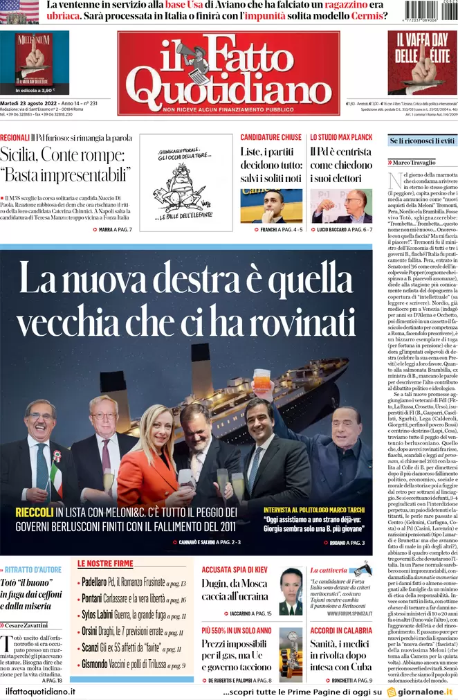 Prime pagine giornali 23 agosto 2022. Chiuse le liste, l’ira degli esclusi