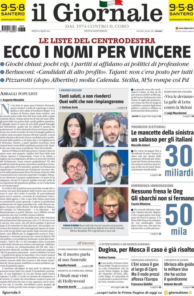 Prime pagine giornali 23 agosto 2022. Chiuse le liste, l’ira degli esclusi