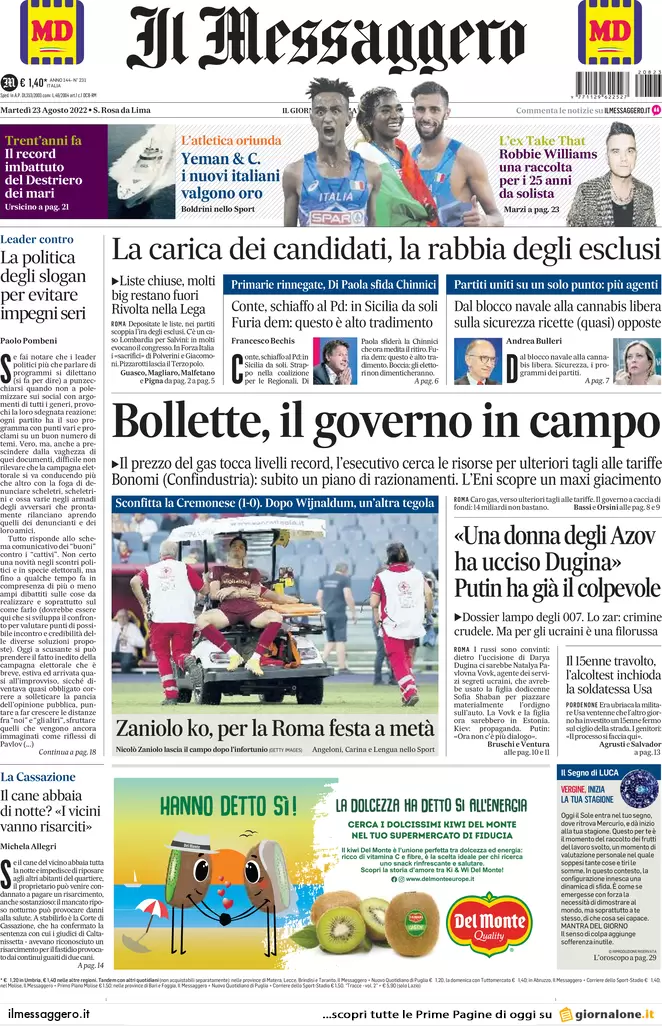 Prime pagine giornali 23 agosto 2022. Chiuse le liste, l’ira degli esclusi
