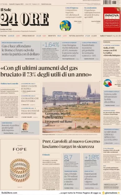Prime pagine giornali economici 23 agosto. Gas, la vittoria dei russi