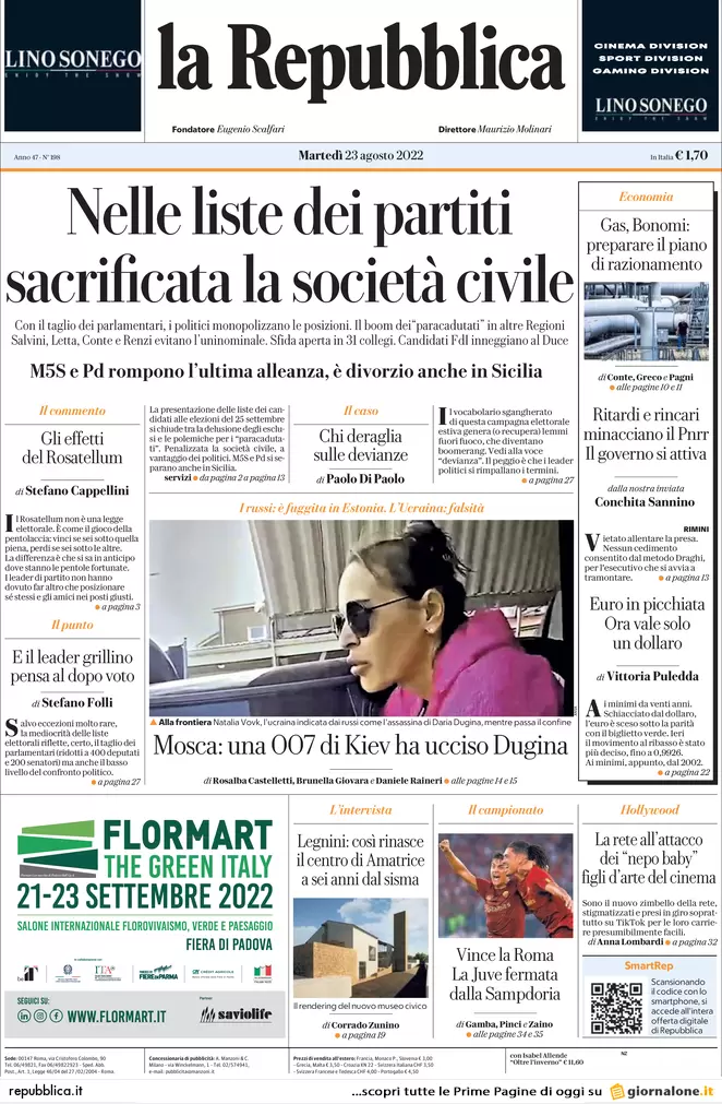 Prime pagine giornali 23 agosto 2022. Chiuse le liste, l’ira degli esclusi