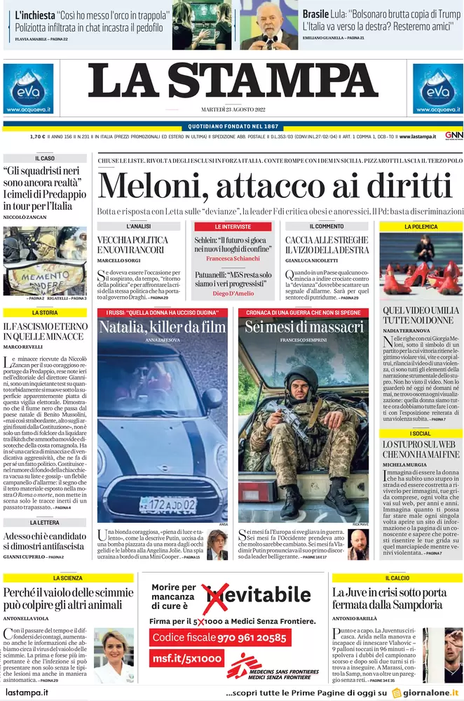 Prime pagine giornali 23 agosto 2022. Chiuse le liste, l’ira degli esclusi