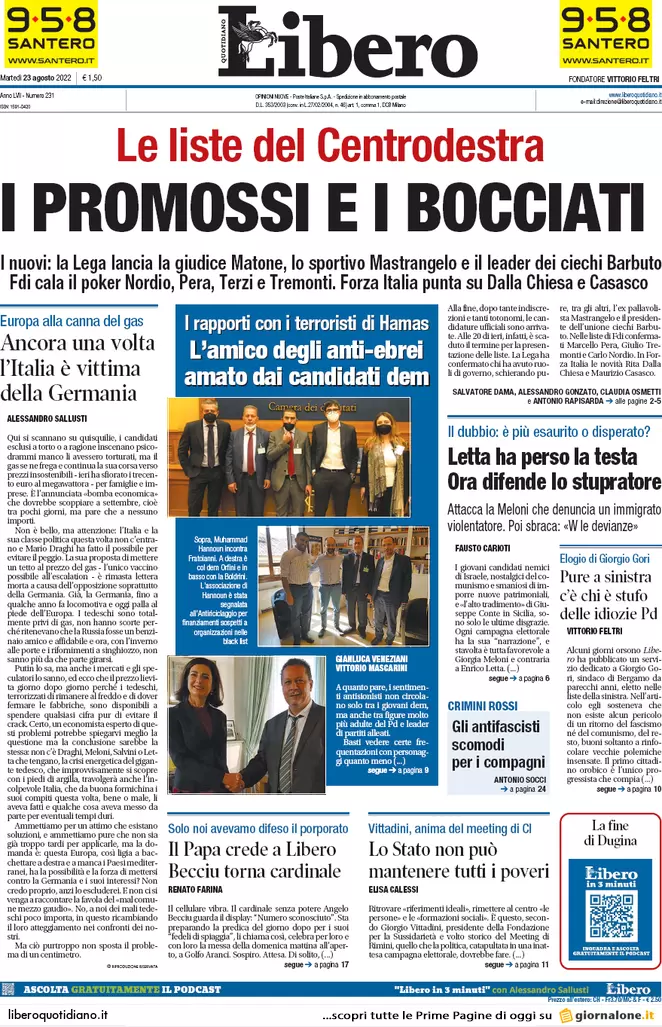 Prime pagine giornali 23 agosto 2022. Chiuse le liste, l’ira degli esclusi