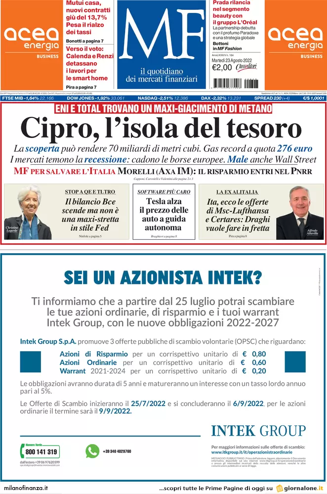 Prime pagine giornali economici 23 agosto. Gas, la vittoria dei russi Prime pagine giornali economici 23 agosto. Gas, la vittoria dei russi