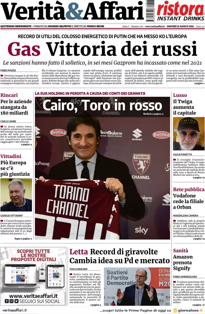 Prime pagine giornali economici 23 agosto. Gas, la vittoria dei russi Prime pagine giornali economici 23 agosto. Gas, la vittoria dei russi