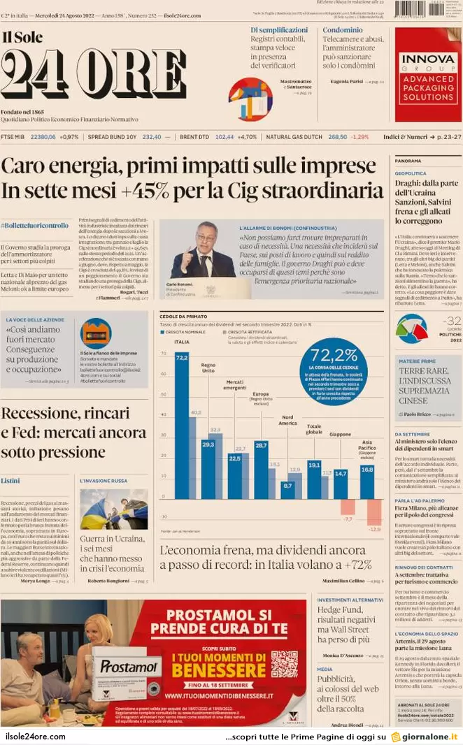 Prime pagine giornali 24 agosto 2022. Meloni-Letta, stop al loro duello in tv