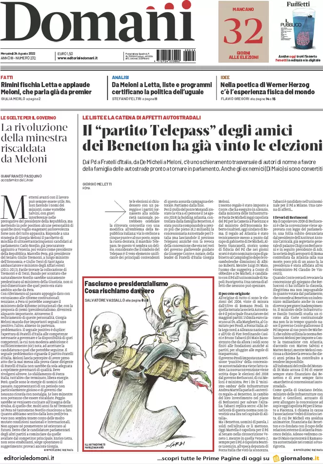 Prime pagine giornali 24 agosto 2022. Meloni-Letta, stop al loro duello in tv