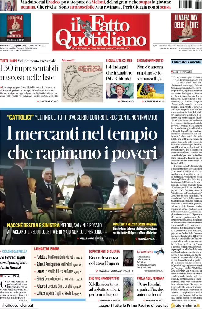 Prime pagine giornali 24 agosto 2022. Meloni-Letta, stop al loro duello in tv