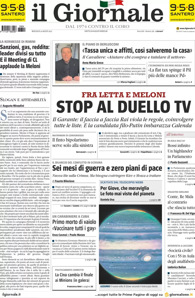 Prime pagine giornali 24 agosto 2022. Meloni-Letta, stop al loro duello in tv