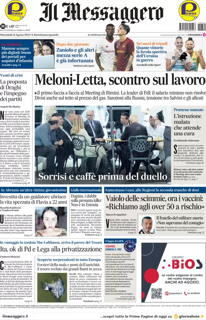 Prime pagine giornali 24 agosto 2022. Meloni-Letta, stop al loro duello in tv