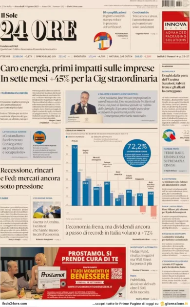 Prime pagine giornali economici 24 agosto. Crisi gas, razionamenti inevitabili