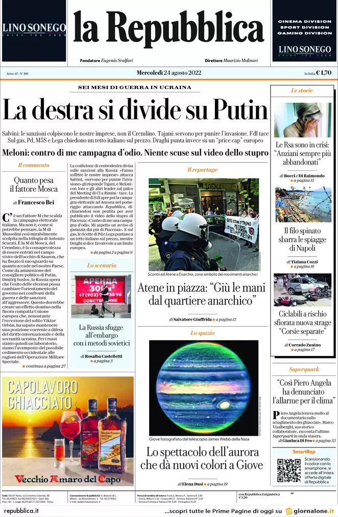 Prime pagine giornali 24 agosto 2022. Meloni-Letta, stop al loro duello in tv