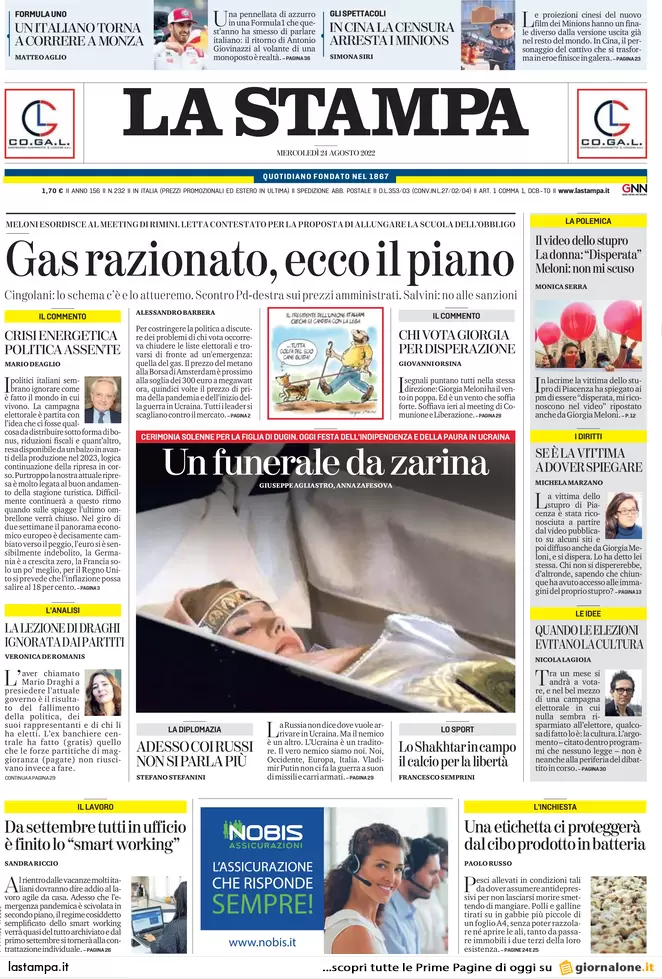Prime pagine giornali 24 agosto 2022. Meloni-Letta, stop al loro duello in tv