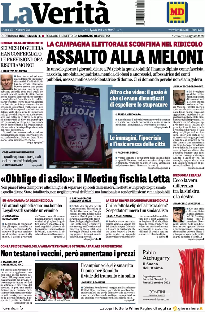 Prime pagine giornali 24 agosto 2022. Meloni-Letta, stop al loro duello in tv