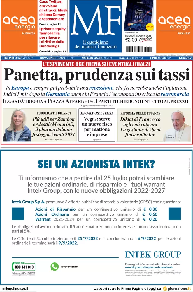 Prime pagine giornali economici 24 agosto. Crisi gas, razionamenti inevitabili Prime pagine giornali economici 24 agosto. Crisi gas, razionamenti inevitabili