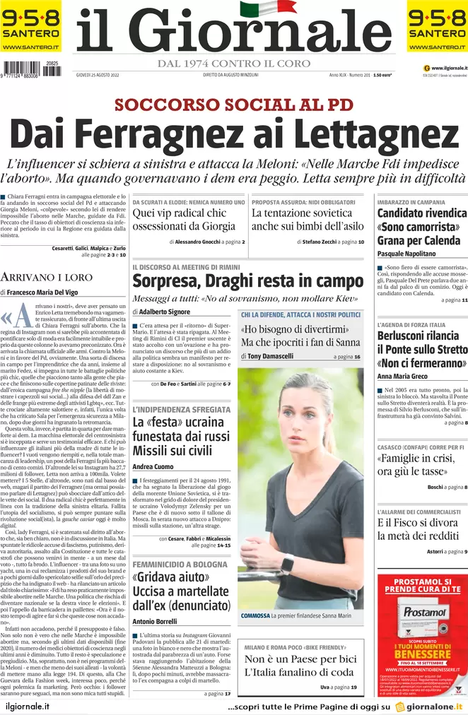 Prime pagine giornali 25 agosto 2022. Draghi si loda ma non la dice tutta