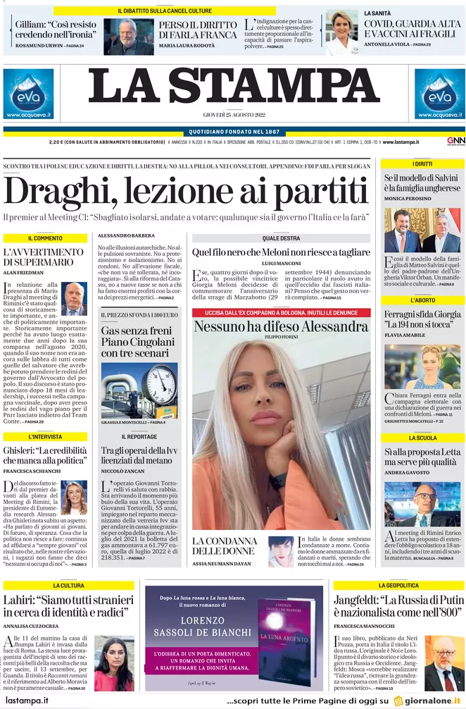 Prime pagine giornali 25 agosto 2022. Draghi si loda ma non la dice tutta