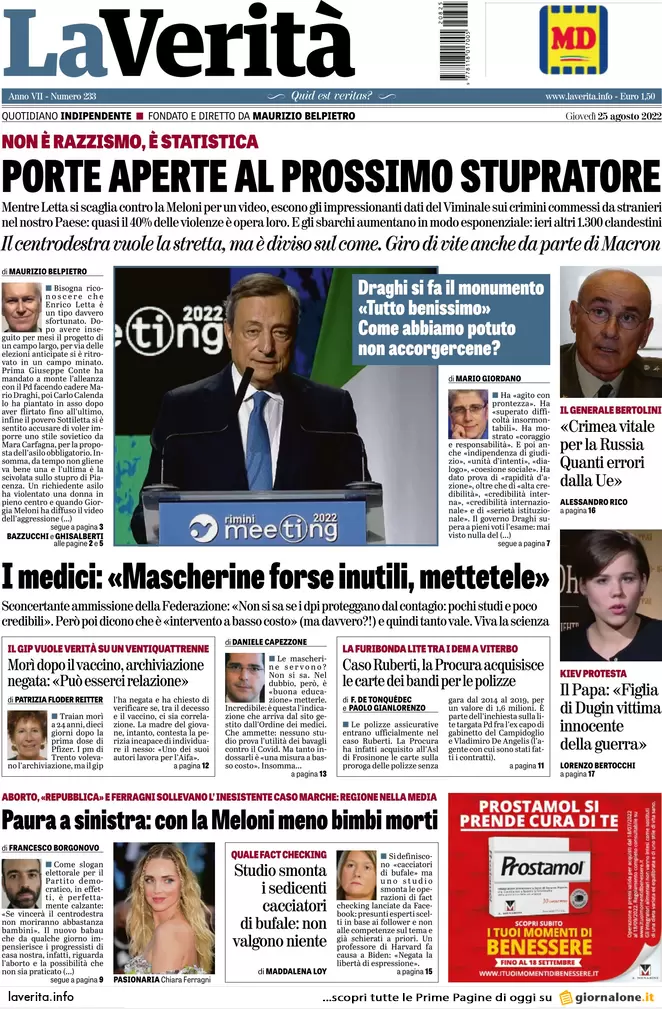 Prime pagine giornali 25 agosto 2022. Draghi si loda ma non la dice tutta