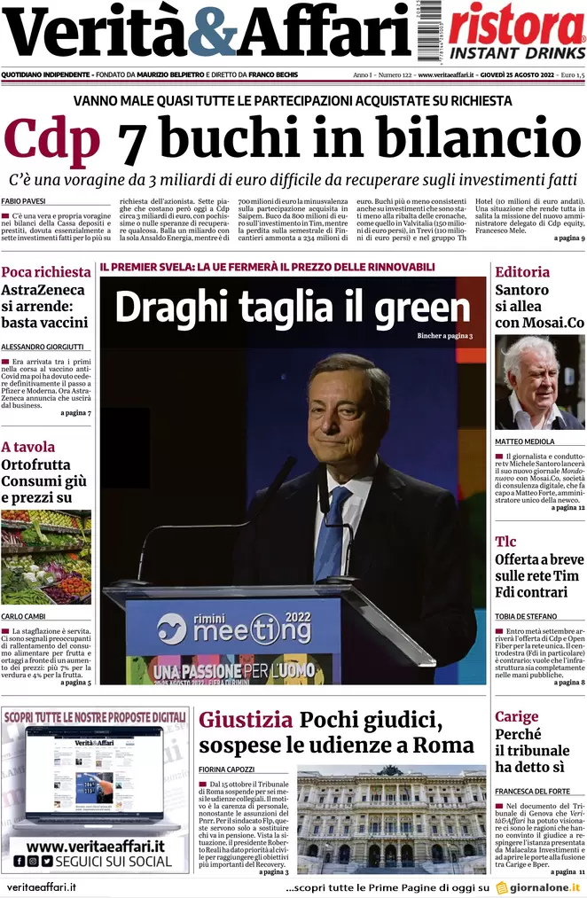 Prime pagine giornali economici 25 agosto. Energia, gli incentivi anti sprechi Prime pagine giornali economici 25 agosto. Energia, gli incentivi anti sprechi