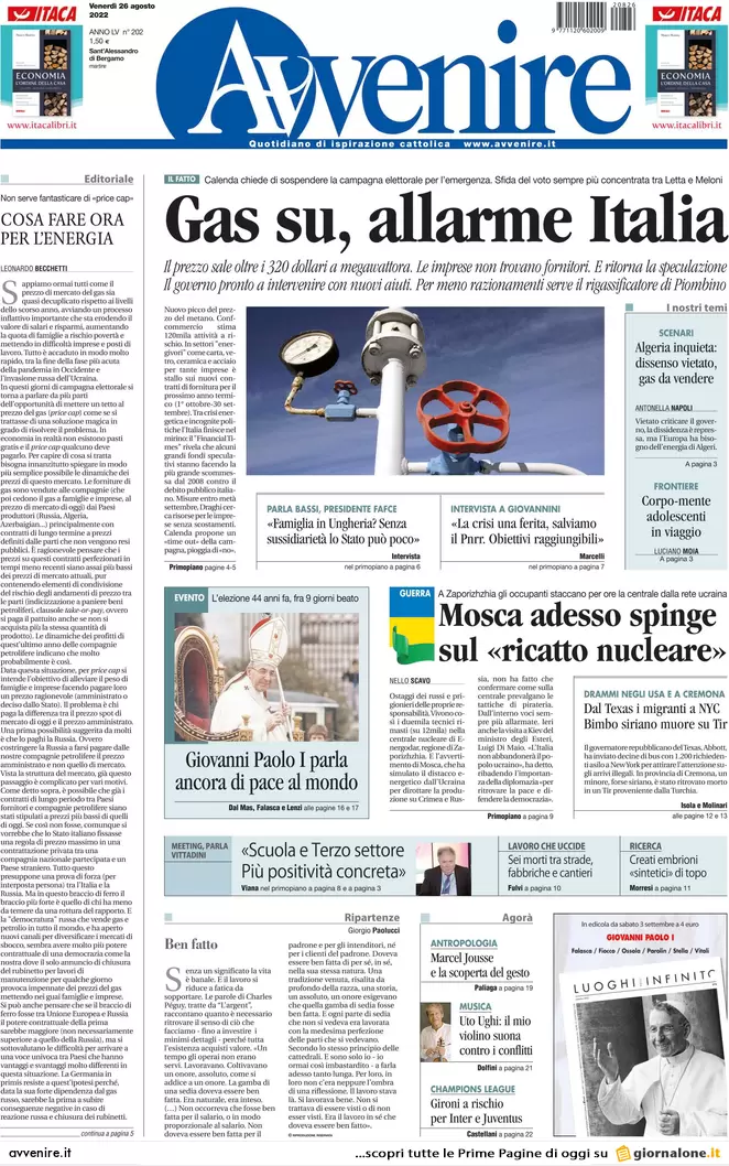 Prime pagine giornali 26 agosto 2022. Una spia russa nella Nato in Italia