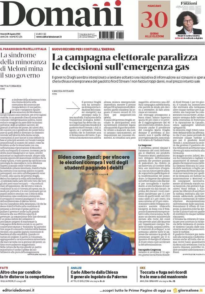 Prime pagine giornali 26 agosto 2022. Una spia russa nella Nato in Italia