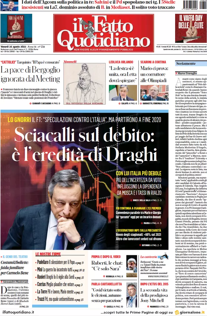 Prime pagine giornali 26 agosto 2022. Una spia russa nella Nato in Italia