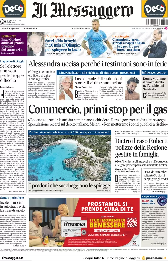 Prime pagine giornali 26 agosto 2022. Una spia russa nella Nato in Italia