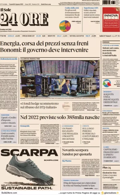 Prime pagine giornali economici 26 agosto. Gas, corsa dei prezzi senza freni