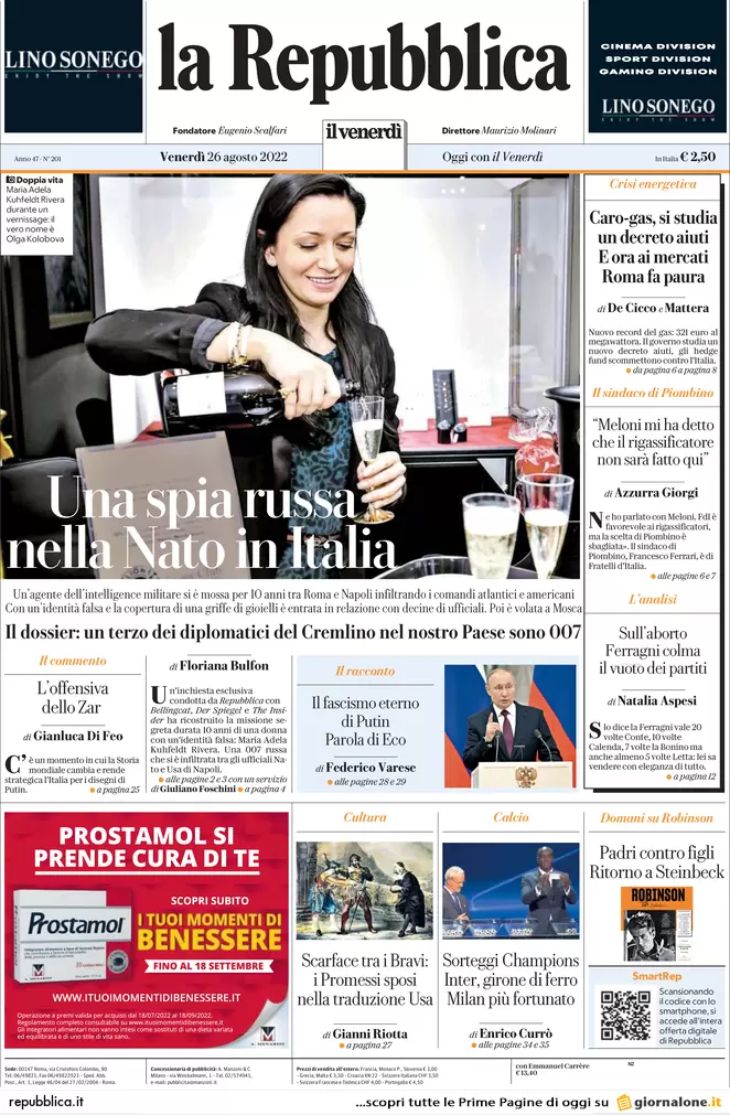 Prime pagine giornali 26 agosto 2022. Una spia russa nella Nato in Italia