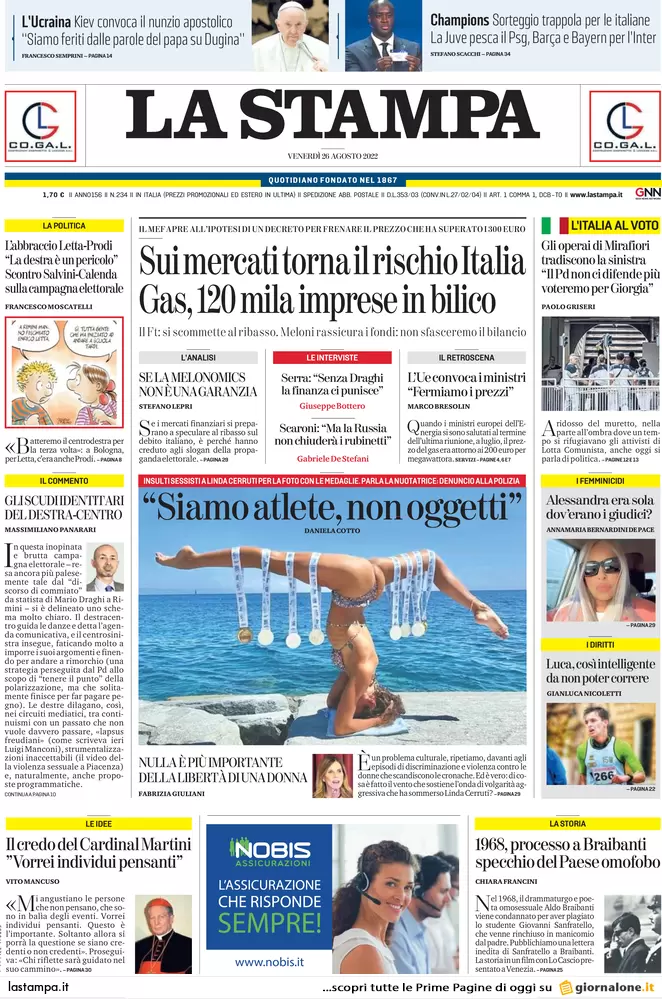 Prime pagine giornali 26 agosto 2022. Una spia russa nella Nato in Italia