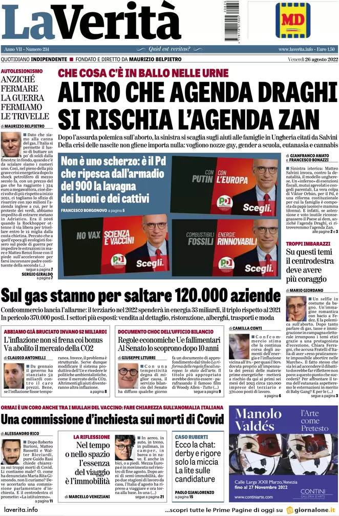 Prime pagine giornali 26 agosto 2022. Una spia russa nella Nato in Italia