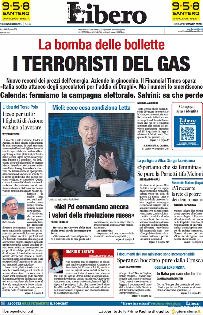 Prime pagine giornali 26 agosto 2022. Una spia russa nella Nato in Italia