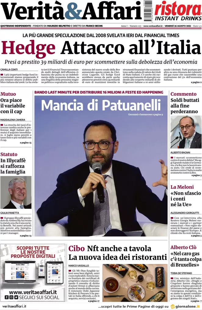 Prime pagine giornali economici 26 agosto. Gas, corsa dei prezzi senza freni