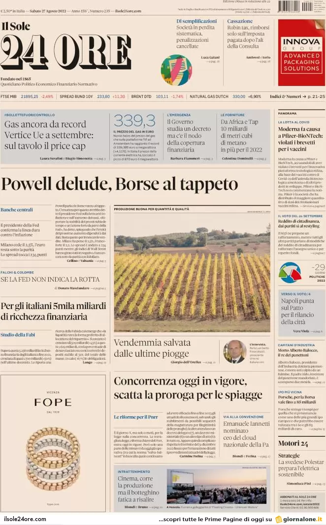 Prime pagine giornali 27 agosto 2022. La rete di Adela e via 200 mld di Btp