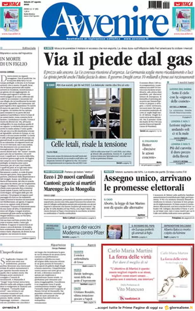Prime pagine giornali 27 agosto 2022. La rete di Adela e via 200 mld di Btp