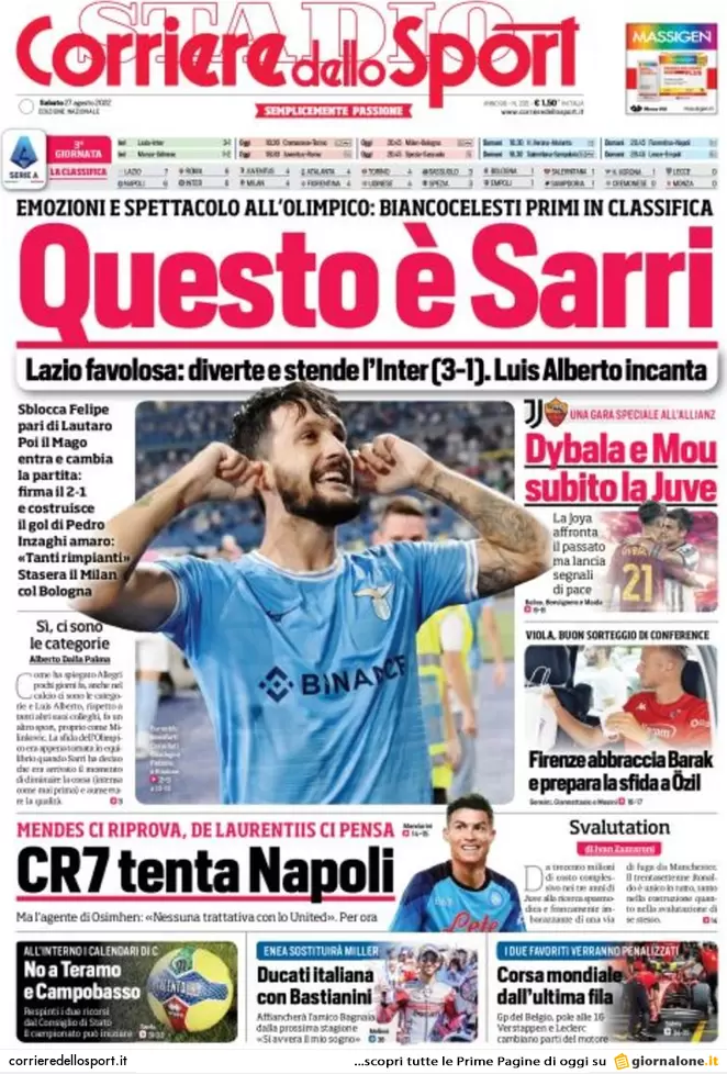 Prime pagine giornali 27 agosto 2022. La rete di Adela e via 200 mld di Btp