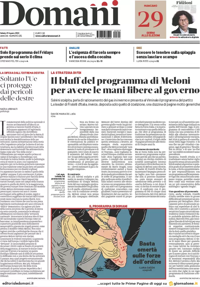Prime pagine giornali 27 agosto 2022. La rete di Adela e via 200 mld di Btp