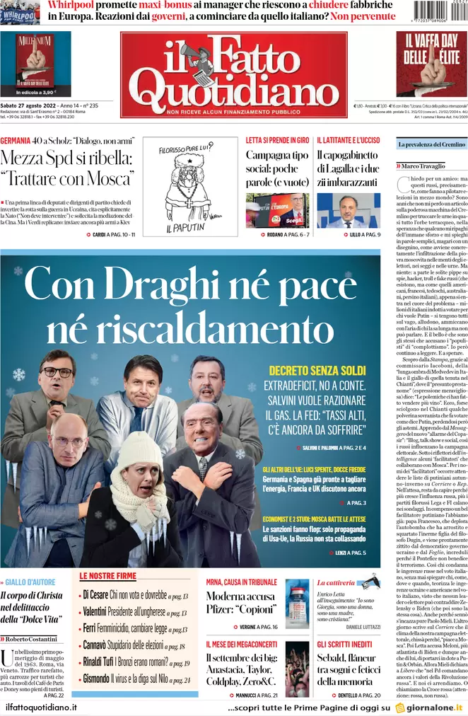 Prime pagine giornali 27 agosto 2022. La rete di Adela e via 200 mld di Btp