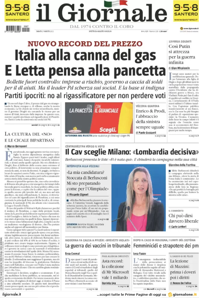 Prime pagine giornali 27 agosto 2022. La rete di Adela e via 200 mld di Btp