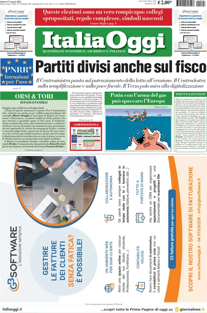 Prime pagine giornali economici 27 agosto. Partiti in disaccordo sul Fisco