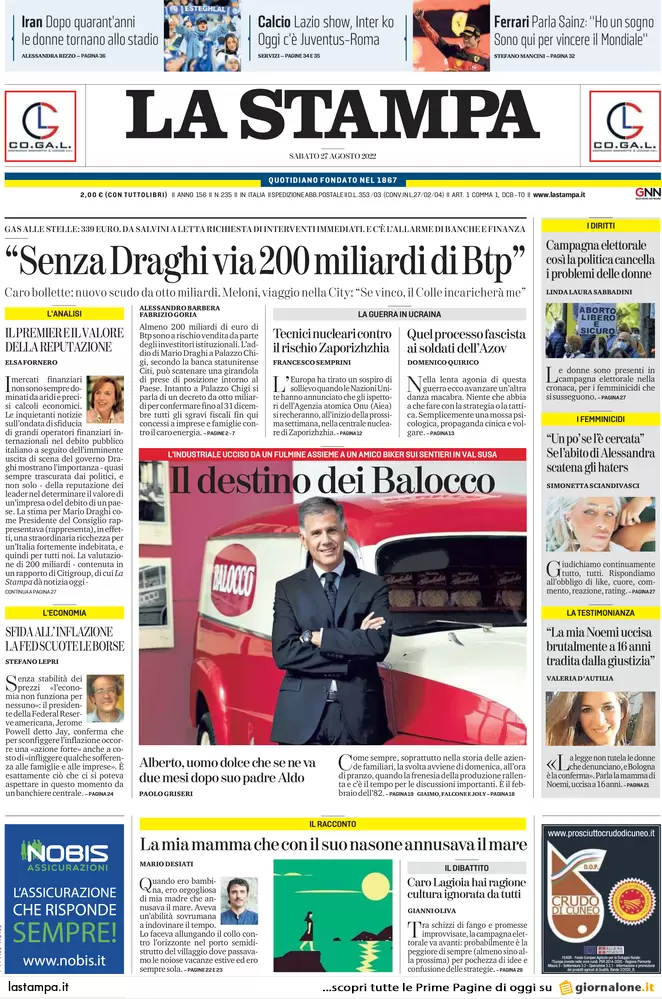 Prime pagine giornali 27 agosto 2022. La rete di Adela e via 200 mld di Btp
