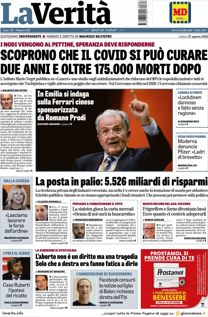 Prime pagine giornali 27 agosto 2022. La rete di Adela e via 200 mld di Btp