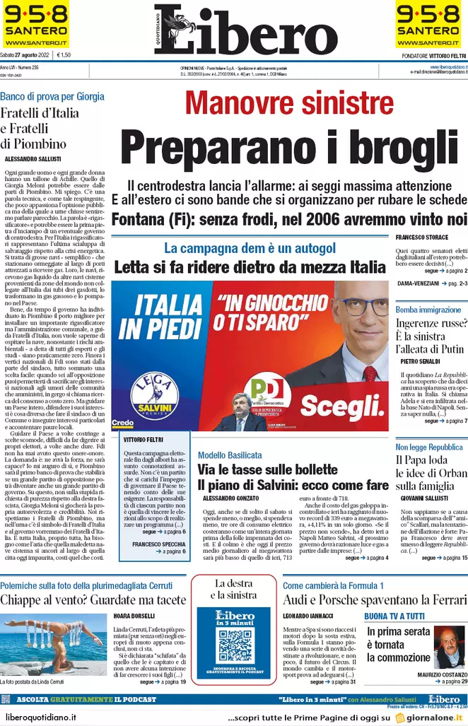 Prime pagine giornali 27 agosto 2022. La rete di Adela e via 200 mld di Btp