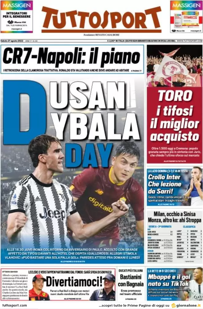 Prime pagine giornali 27 agosto 2022. La rete di Adela e via 200 mld di Btp
