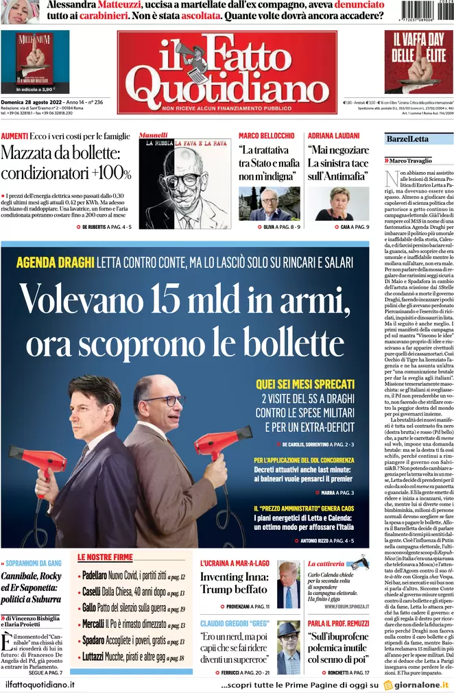 Prime pagine giornali 28 agosto 2022. Stangata record sul gas e partiti divisi