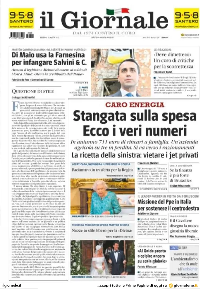 Prime pagine giornali 28 agosto 2022. Stangata record sul gas e partiti divisi