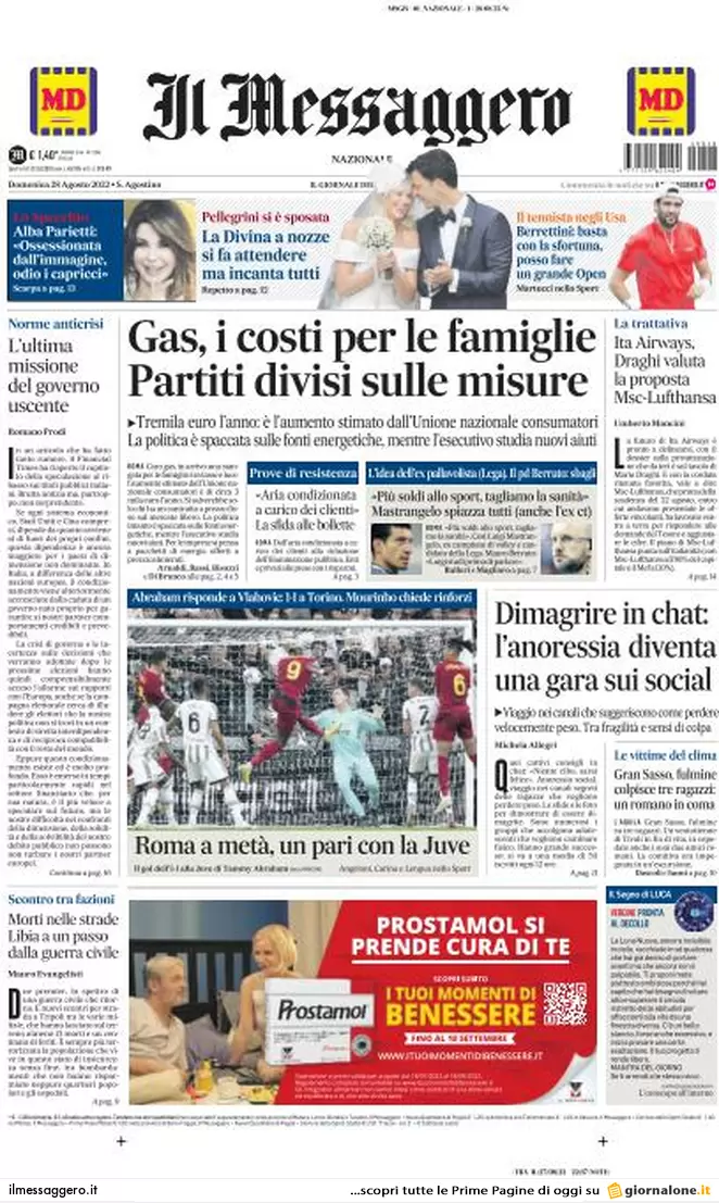 Prime pagine giornali 28 agosto 2022. Stangata record sul gas e partiti divisi