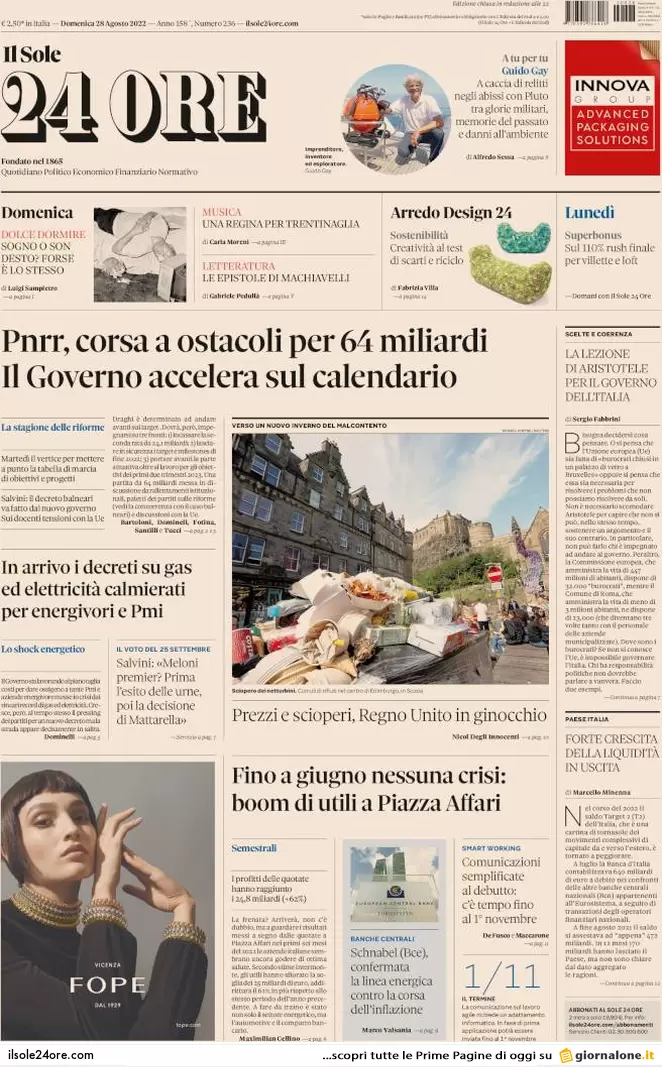 Prime pagine giornali economici 28 agosto. Pnrr, corsa a ostacoli per 64 mld