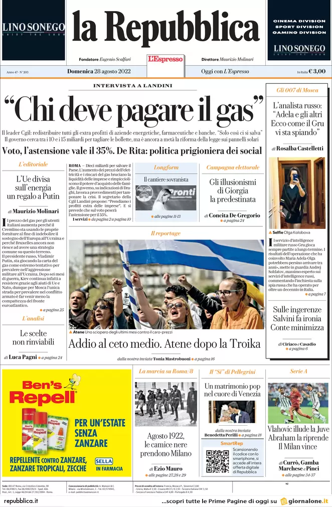 Prime pagine giornali 28 agosto 2022. Stangata record sul gas e partiti divisi