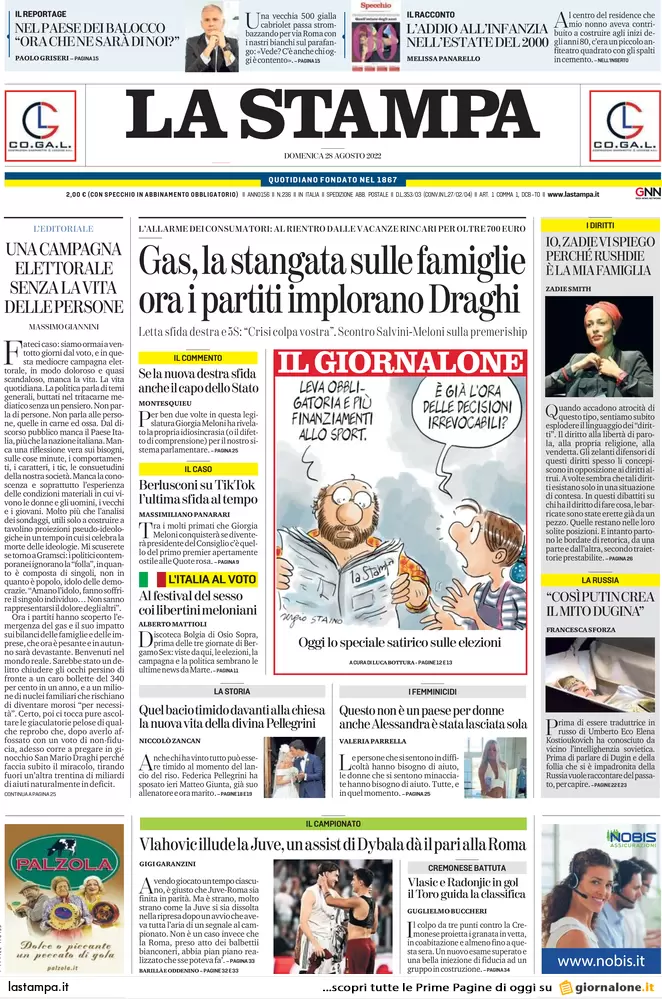 Prime pagine giornali 28 agosto 2022. Stangata record sul gas e partiti divisi